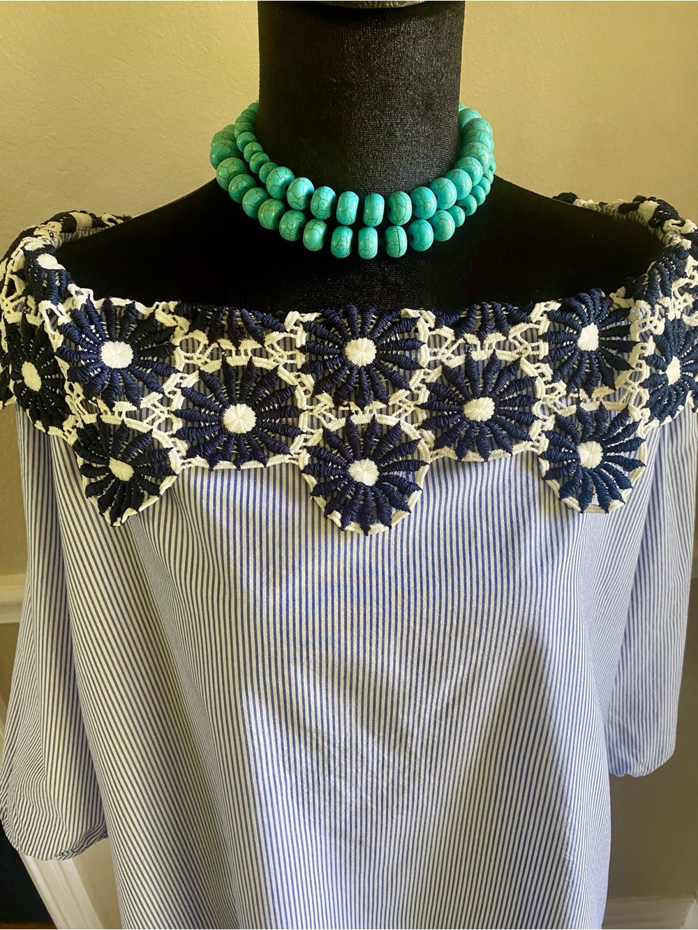 ANN TAYLOR LOFT Off-Shoulder Striped Top with Navy Crochet Trim